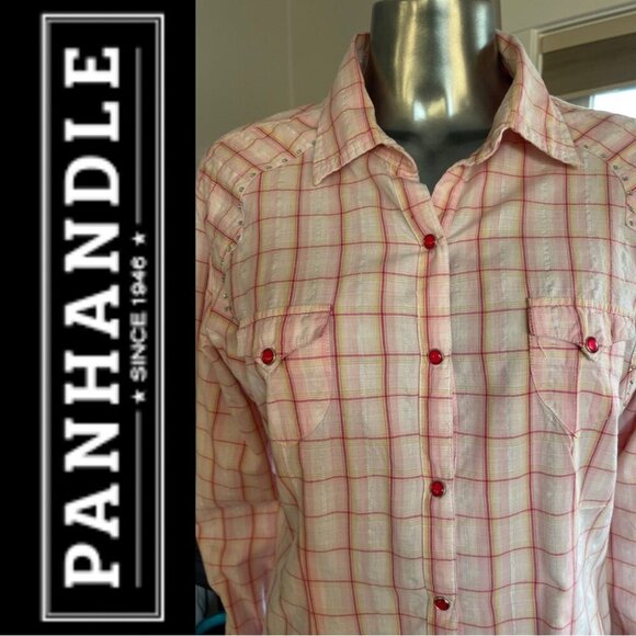 Panhandle Slim Women's Western Shirt Pink Plaid Crystal Detail Size Large - Picture 3 of 7